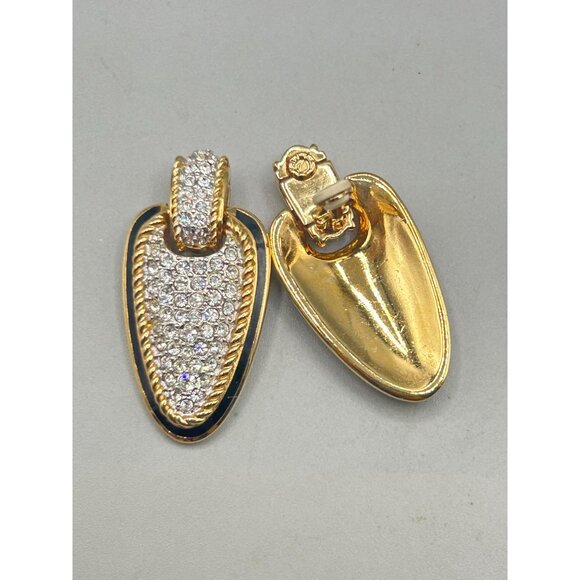 Swarovski Swan Signed Statement Clip Earrings Crystals Pave Gold & Black Enamel - Picture 6 of 10